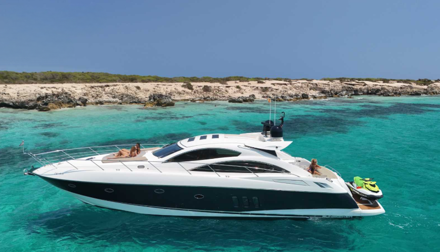 Sunseeker Predator 62 private yacht charter in Ibiza and Formentera turquoise water